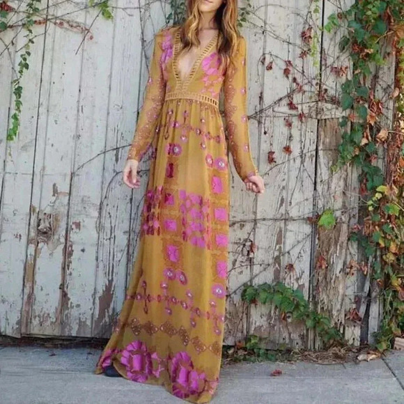 For Love & Lemons  Barcelona Maxi Dress Silk Blend Mustard Yellow Sz XS - Picture 1 of 16